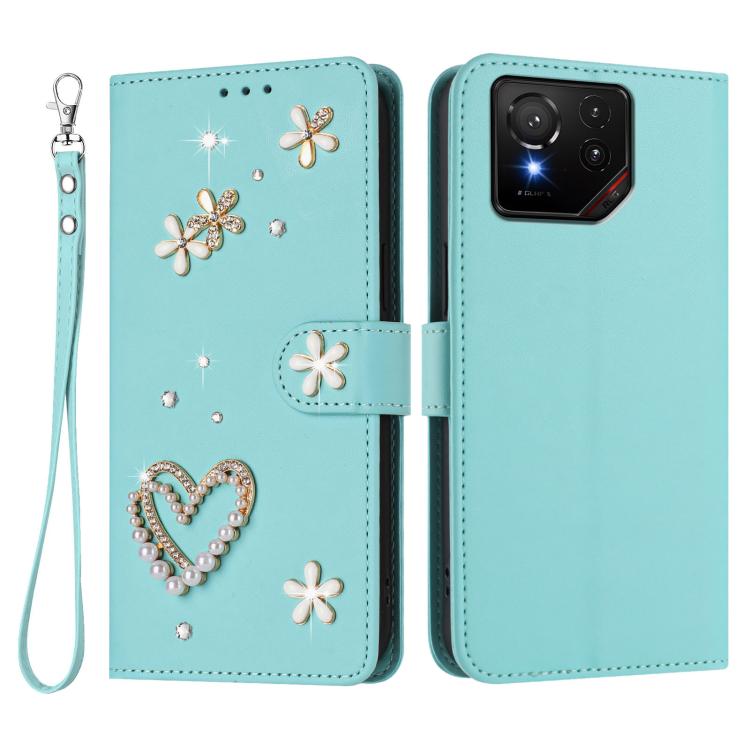 For Asus ROG Phone 9 / 9 Pro ZS01 Double-Layer Heart Floral Vegan Leather Phone Case with Wrist Strap