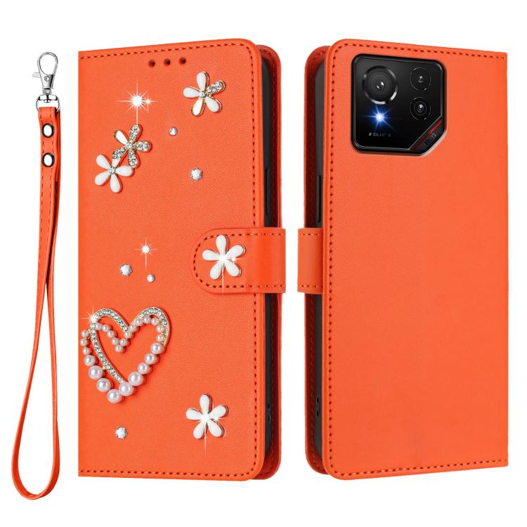 For Asus ROG Phone 9 / 9 Pro ZS01 Double-Layer Heart Floral Vegan Leather Phone Case with Wrist Strap