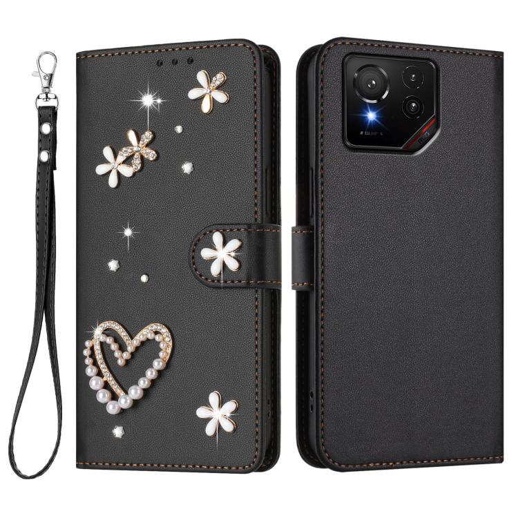 For Asus ROG Phone 9 / 9 Pro ZS01 Double-Layer Heart Floral Vegan Leather Phone Case with Wrist Strap