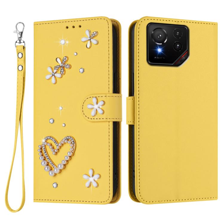 For Asus ROG Phone 9 / 9 Pro ZS01 Double-Layer Heart Floral Vegan Leather Phone Case with Wrist Strap
