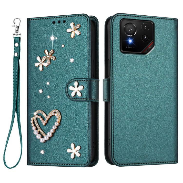 For Asus ROG Phone 9 / 9 Pro ZS01 Double-Layer Heart Floral Vegan Leather Phone Case with Wrist Strap