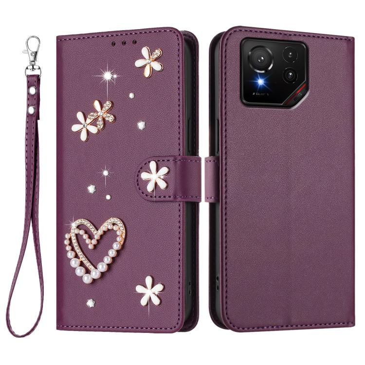 For Asus ROG Phone 9 / 9 Pro ZS01 Double-Layer Heart Floral Vegan Leather Phone Case with Wrist Strap