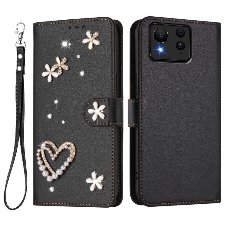 For Asus Zenfone 11 Ultra ZS01 Double-Layer Heart Floral Vegan Leather Phone Case with Wrist Strap