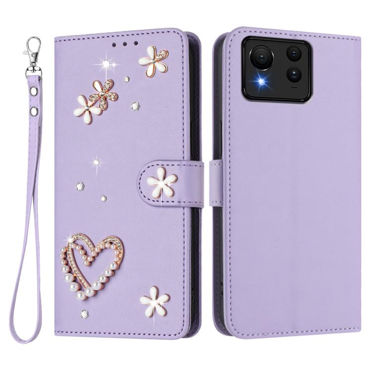 For Asus Zenfone 11 Ultra ZS01 Double-Layer Heart Floral Vegan Leather Phone Case with Wrist Strap