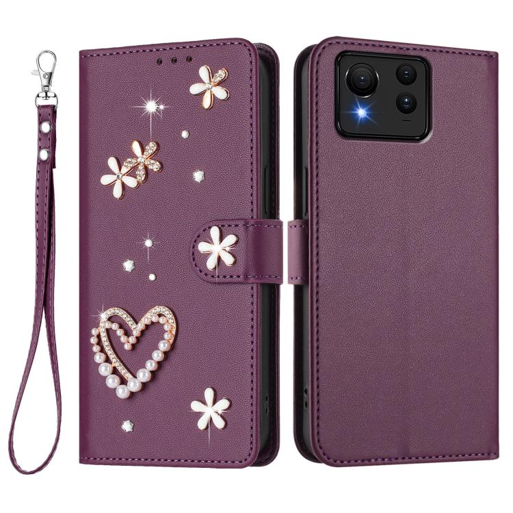 For Asus Zenfone 11 Ultra ZS01 Double-Layer Heart Floral Vegan Leather Phone Case with Wrist Strap
