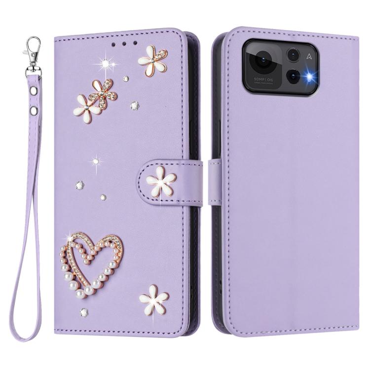 For Asus Zenfone 12 Ultra ZS01 Double-Layer Heart Floral Vegan Leather Phone Case with Wrist Strap