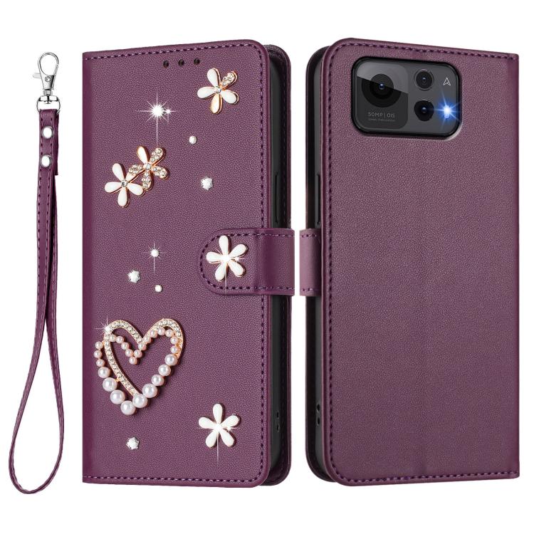 For Asus Zenfone 12 Ultra ZS01 Double-Layer Heart Floral Vegan Leather Phone Case with Wrist Strap