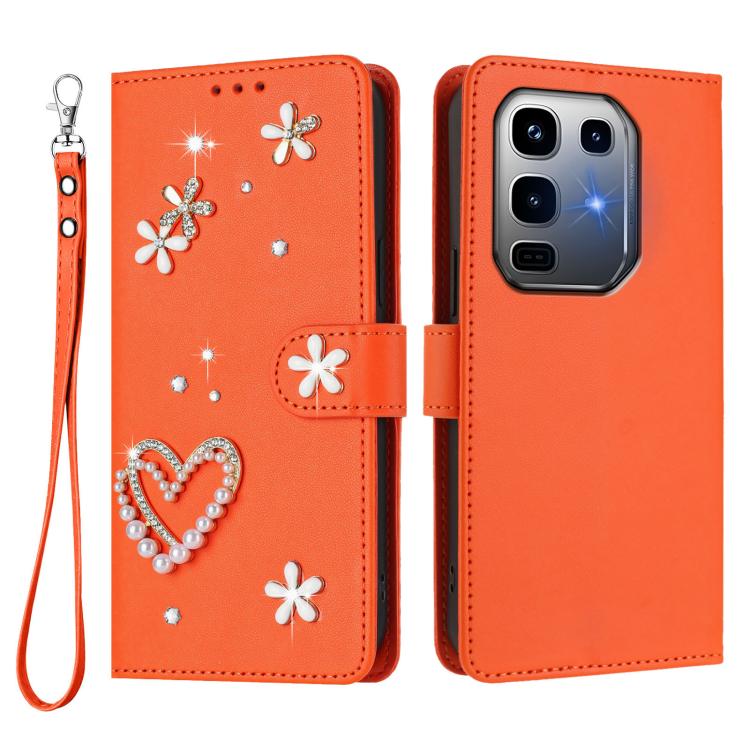 For Infinix Note 50 Pro+ 5G ZS01 Double-Layer Heart Floral Vegan Leather Phone Case with Wrist Strap