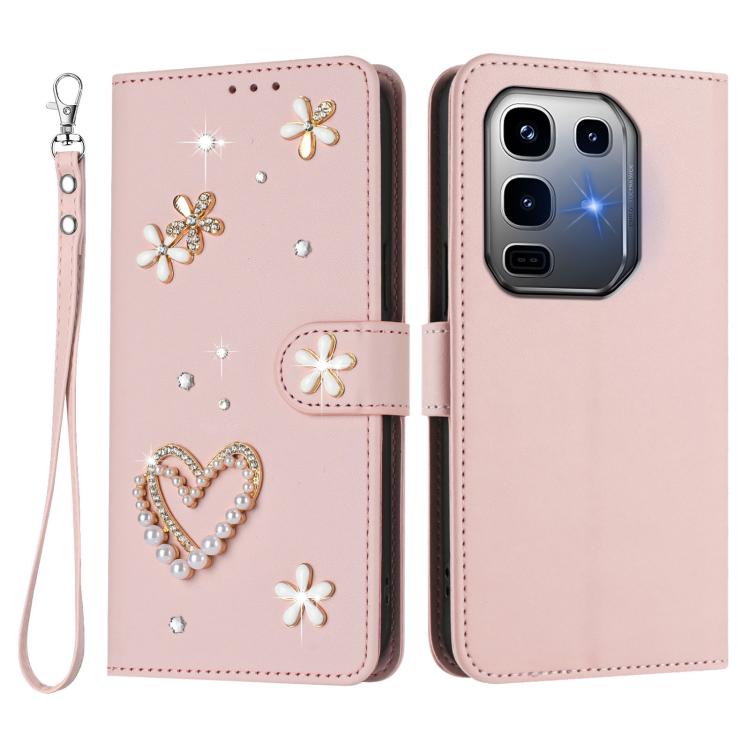 For Infinix Note 50 Pro+ 5G ZS01 Double-Layer Heart Floral Vegan Leather Phone Case with Wrist Strap