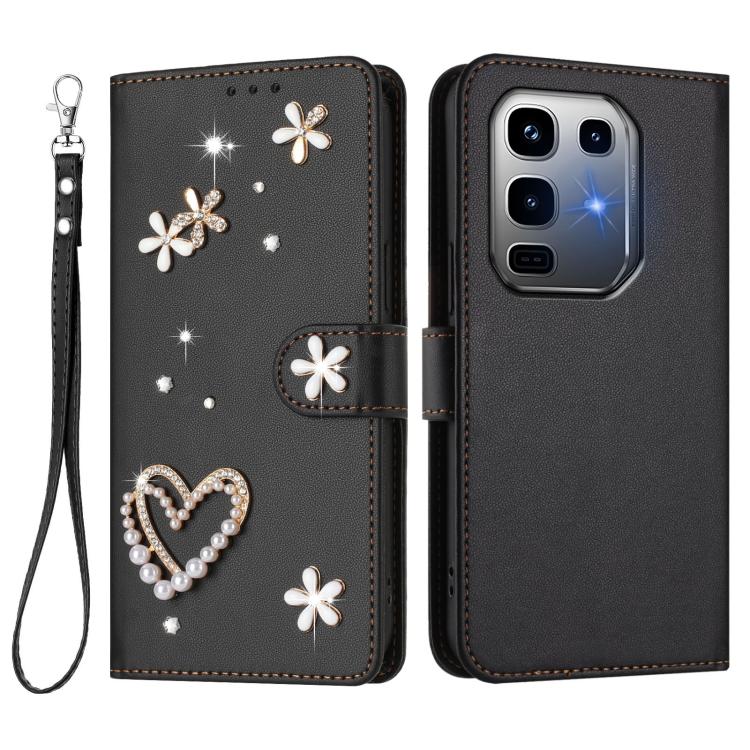 For Infinix Note 50 Pro+ 5G ZS01 Double-Layer Heart Floral Vegan Leather Phone Case with Wrist Strap