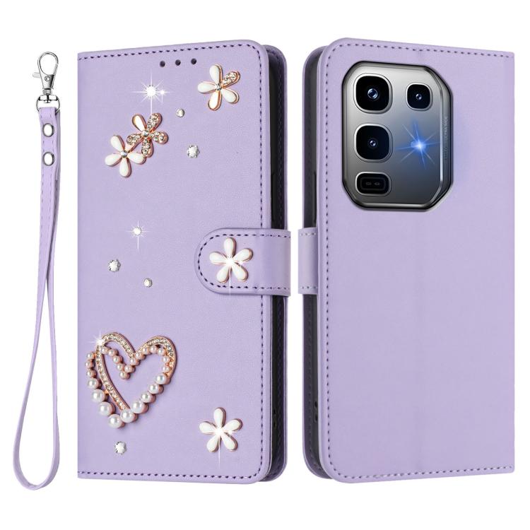 For Infinix Note 50 Pro+ 5G ZS01 Double-Layer Heart Floral Vegan Leather Phone Case with Wrist Strap