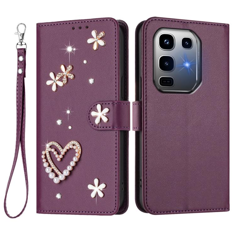 For Infinix Note 50 Pro+ 5G ZS01 Double-Layer Heart Floral Vegan Leather Phone Case with Wrist Strap