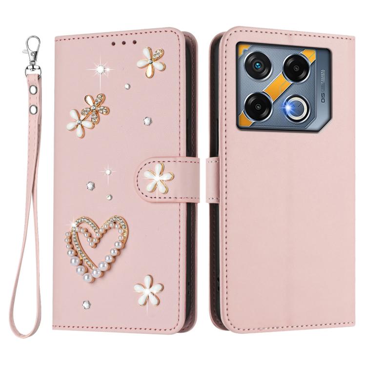 For Infinix GT 20 Pro 5G ZS01 Double-Layer Heart Floral Vegan Leather Phone Case with Wrist Strap