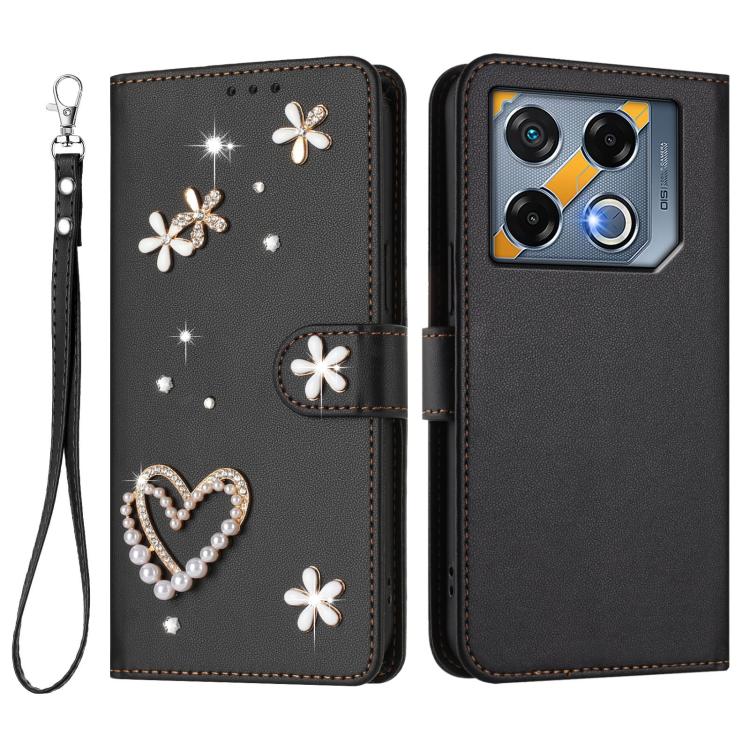For Infinix GT 20 Pro 5G ZS01 Double-Layer Heart Floral Vegan Leather Phone Case with Wrist Strap