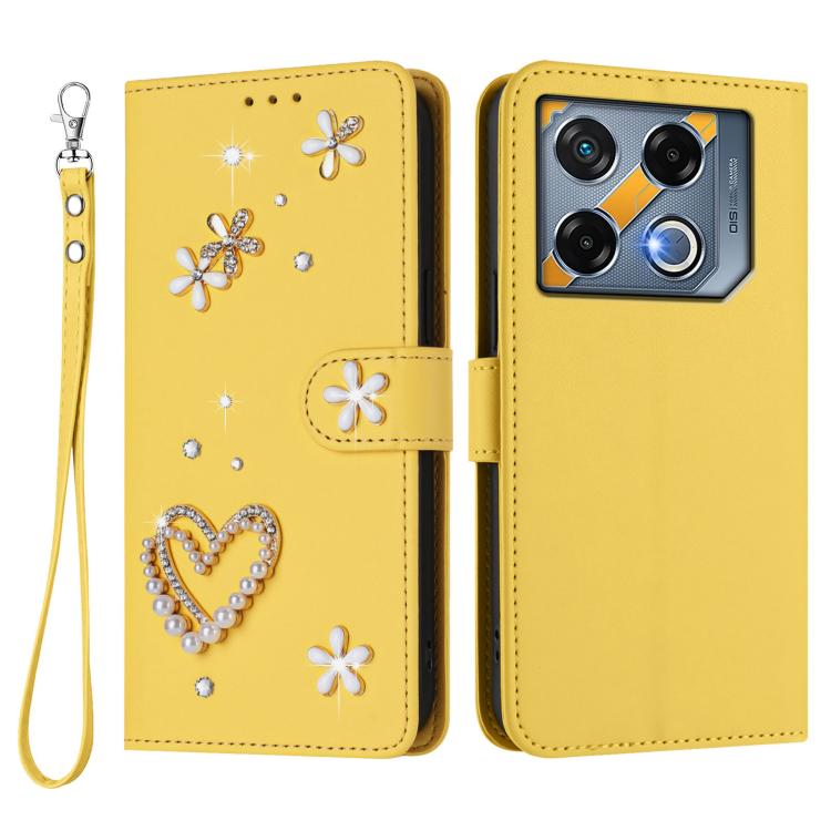 For Infinix GT 20 Pro 5G ZS01 Double-Layer Heart Floral Vegan Leather Phone Case with Wrist Strap