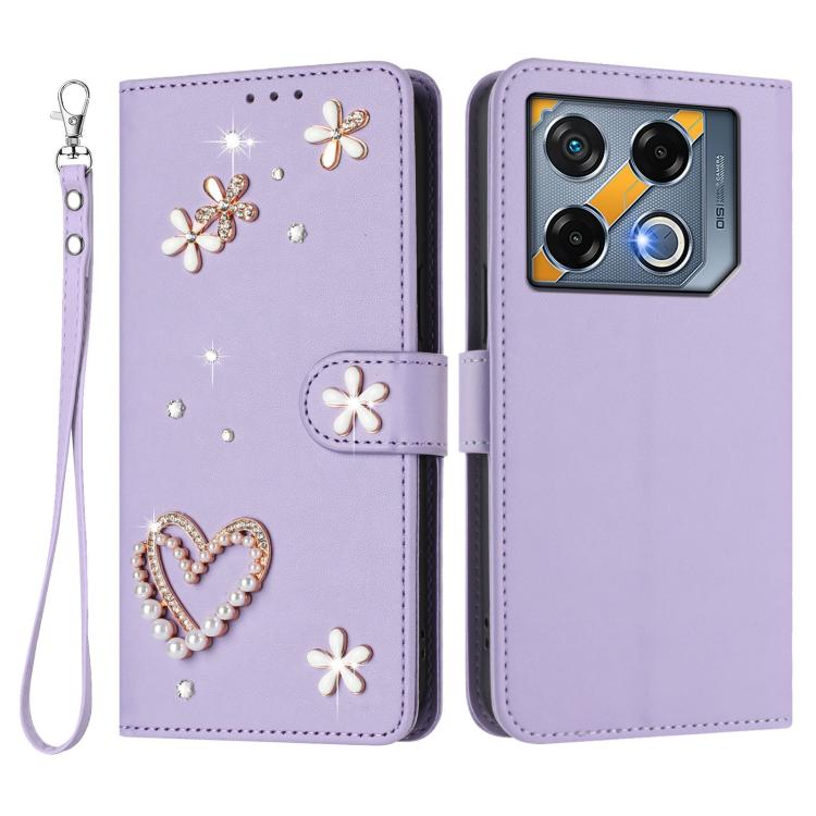 For Infinix GT 20 Pro 5G ZS01 Double-Layer Heart Floral Vegan Leather Phone Case with Wrist Strap