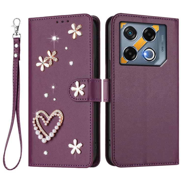 For Infinix GT 20 Pro 5G ZS01 Double-Layer Heart Floral Vegan Leather Phone Case with Wrist Strap