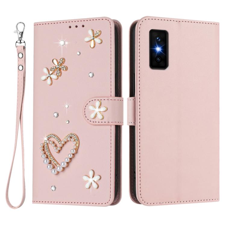 For Infinix GT 30 Pro ZS01 Double-Layer Heart Floral Vegan Leather Phone Case with Wrist Strap