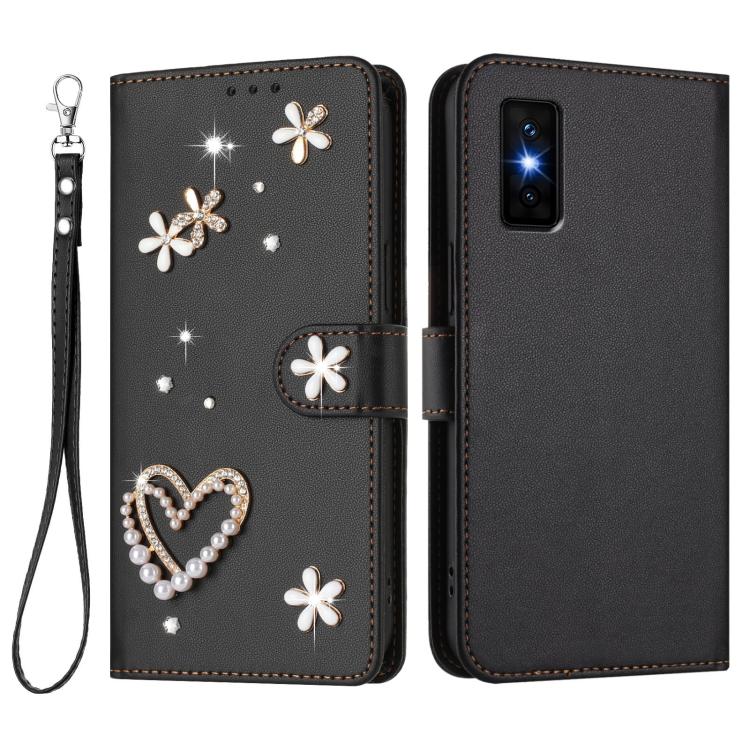 For Infinix GT 30 Pro ZS01 Double-Layer Heart Floral Vegan Leather Phone Case with Wrist Strap