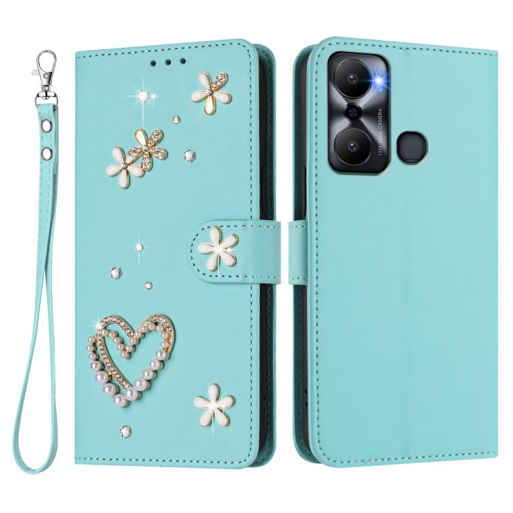 For Infinix Hot 20 Play ZS01 Double-Layer Heart Floral Vegan Leather Phone Case with Wrist Strap