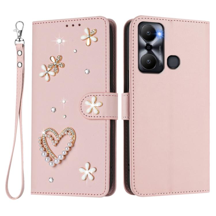 For Infinix Hot 20 Play ZS01 Double-Layer Heart Floral Vegan Leather Phone Case with Wrist Strap