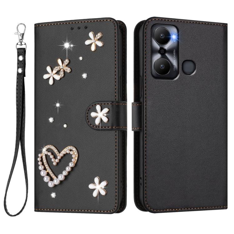 For Infinix Hot 20 Play ZS01 Double-Layer Heart Floral Vegan Leather Phone Case with Wrist Strap