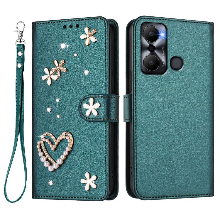 For Infinix Hot 20 Play ZS01 Double-Layer Heart Floral Vegan Leather Phone Case with Wrist Strap