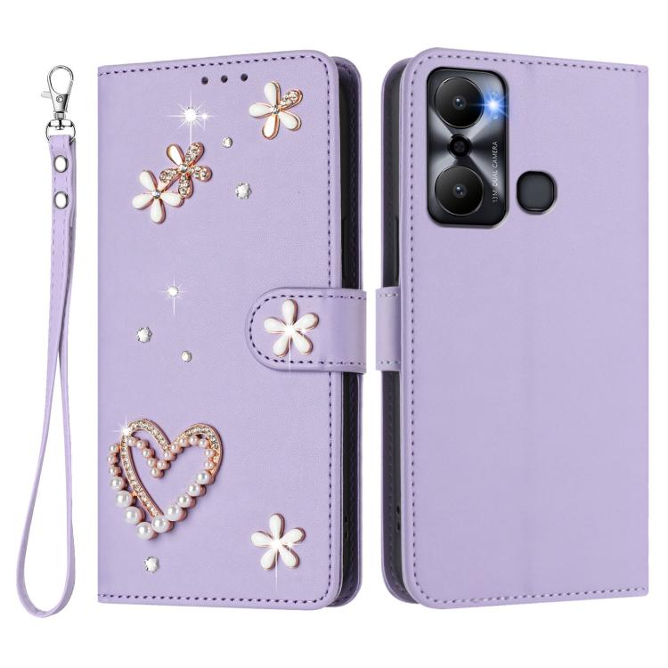 For Infinix Hot 20 Play ZS01 Double-Layer Heart Floral Vegan Leather Phone Case with Wrist Strap