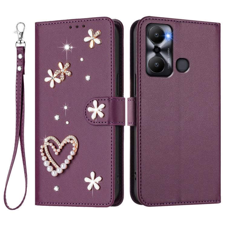 For Infinix Hot 20 Play ZS01 Double-Layer Heart Floral Vegan Leather Phone Case with Wrist Strap