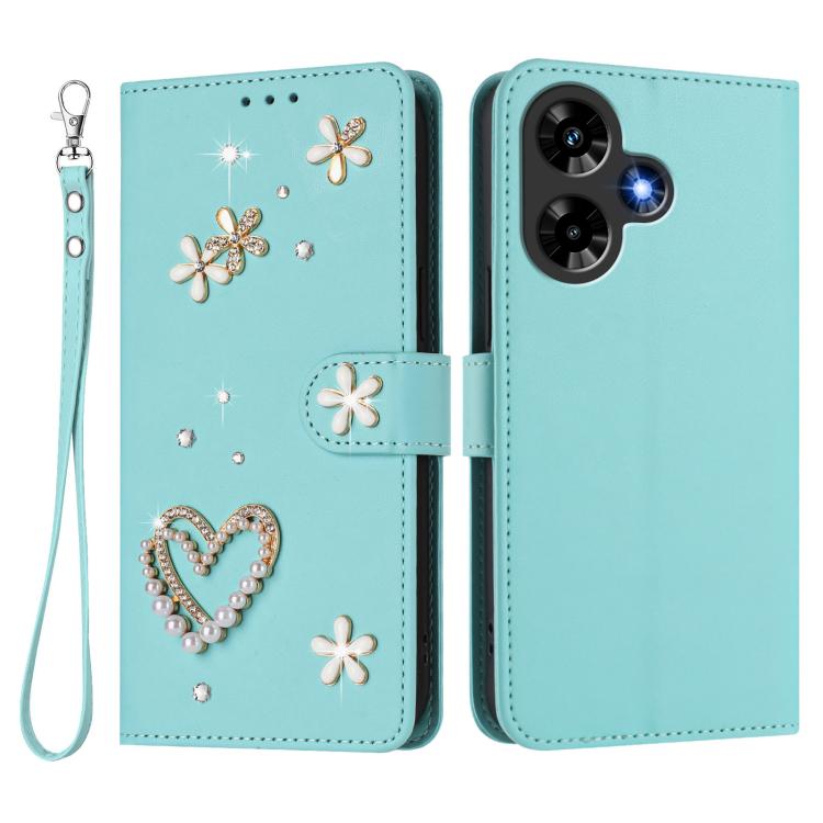 For Infinix Hot 30 4G ZS01 Double-Layer Heart Floral Vegan Leather Phone Case with Wrist Strap