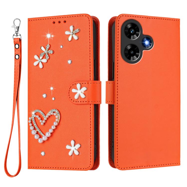 For Infinix Hot 30 4G ZS01 Double-Layer Heart Floral Vegan Leather Phone Case with Wrist Strap