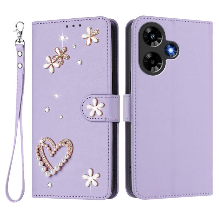 For Infinix Hot 30 4G ZS01 Double-Layer Heart Floral Vegan Leather Phone Case with Wrist Strap