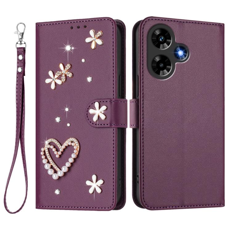 For Infinix Hot 30 4G ZS01 Double-Layer Heart Floral Vegan Leather Phone Case with Wrist Strap