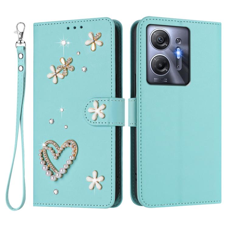 For Infinix Hot 30 5G ZS01 Double-Layer Heart Floral Vegan Leather Phone Case with Wrist Strap