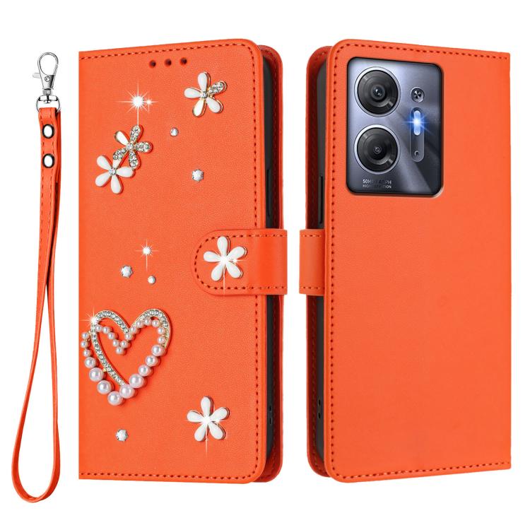 For Infinix Hot 30 5G ZS01 Double-Layer Heart Floral Vegan Leather Phone Case with Wrist Strap