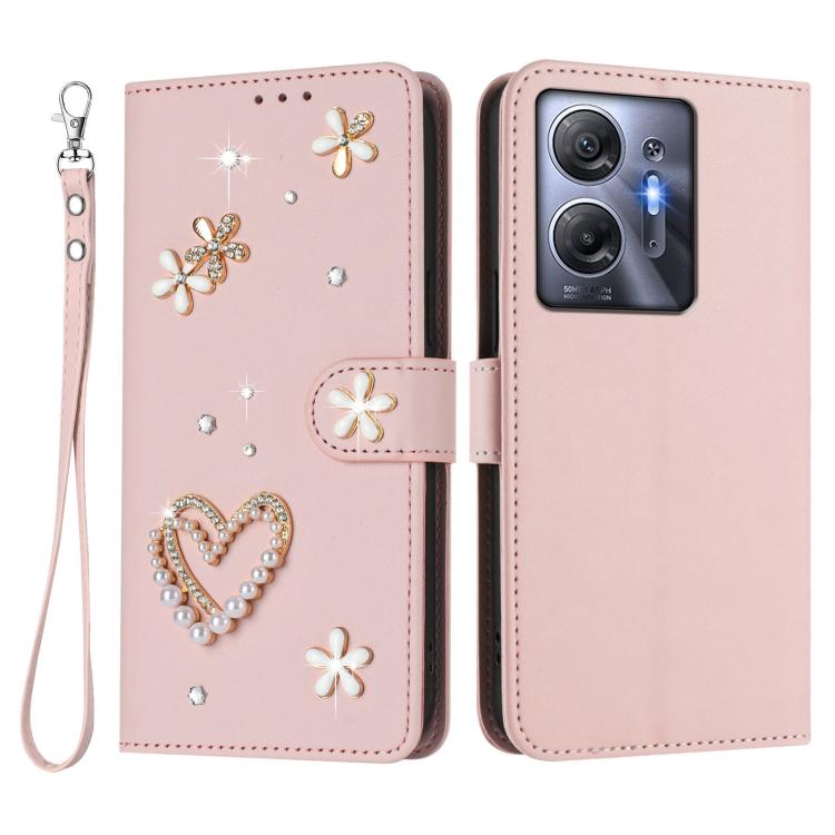 For Infinix Hot 30 5G ZS01 Double-Layer Heart Floral Vegan Leather Phone Case with Wrist Strap