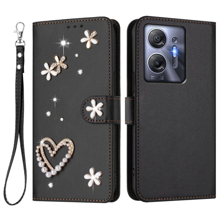For Infinix Hot 30 5G ZS01 Double-Layer Heart Floral Vegan Leather Phone Case with Wrist Strap