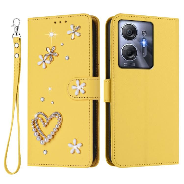 For Infinix Hot 30 5G ZS01 Double-Layer Heart Floral Vegan Leather Phone Case with Wrist Strap