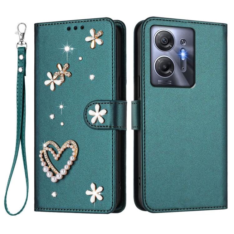 For Infinix Hot 30 5G ZS01 Double-Layer Heart Floral Vegan Leather Phone Case with Wrist Strap