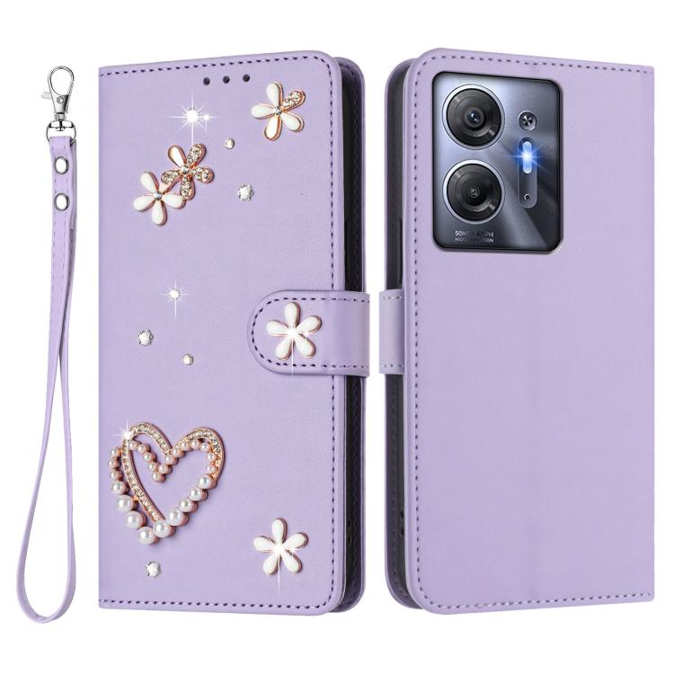 For Infinix Hot 30 5G ZS01 Double-Layer Heart Floral Vegan Leather Phone Case with Wrist Strap