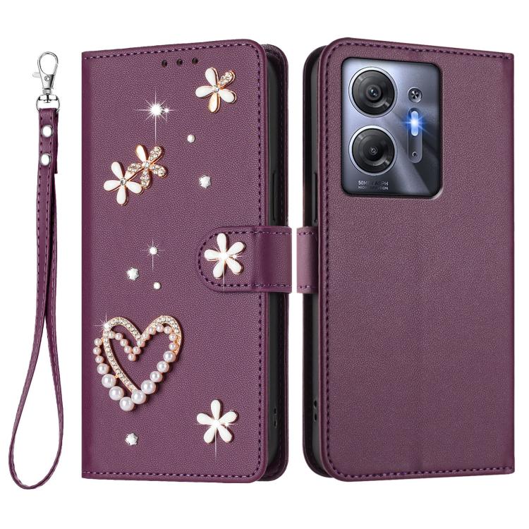 For Infinix Hot 30 5G ZS01 Double-Layer Heart Floral Vegan Leather Phone Case with Wrist Strap