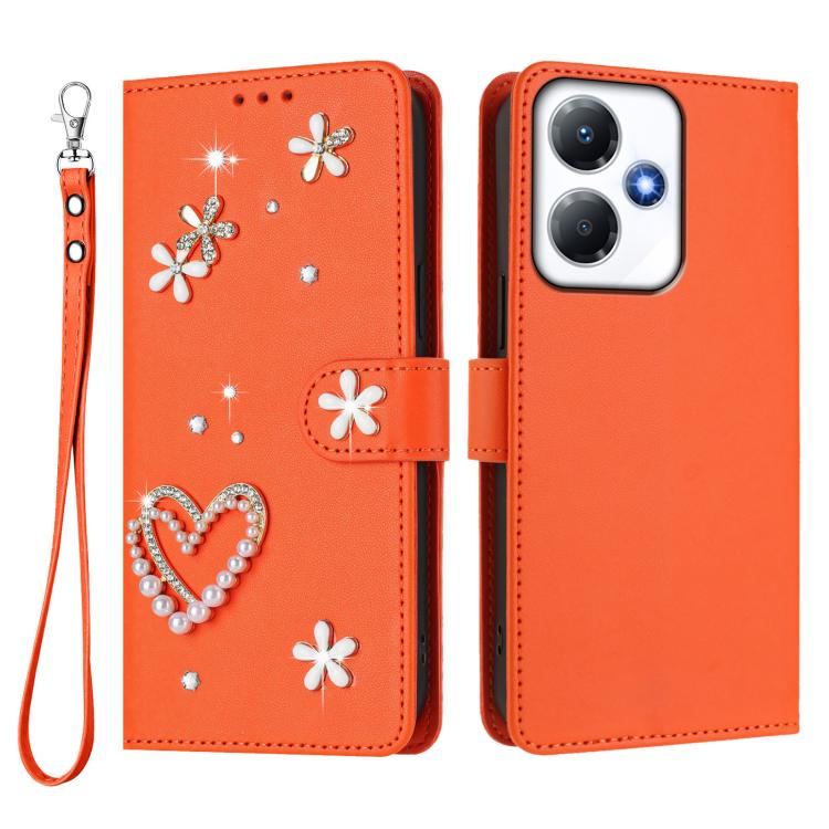 For Infinix Hot 30 Play NFC 4G / X6835 ZS01 Double-Layer Heart Floral Vegan Leather Phone Case with Wrist Strap