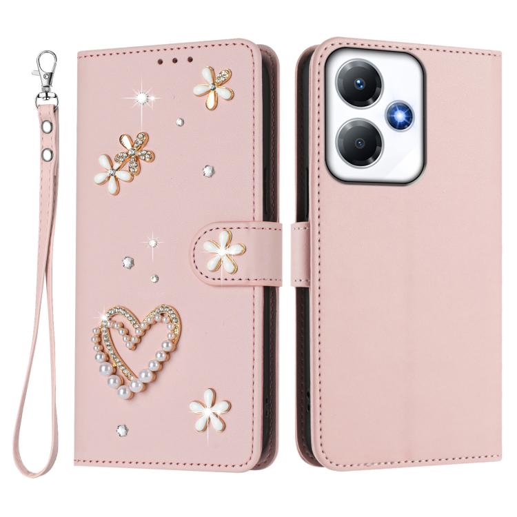 For Infinix Hot 30 Play NFC 4G / X6835 ZS01 Double-Layer Heart Floral Vegan Leather Phone Case with Wrist Strap