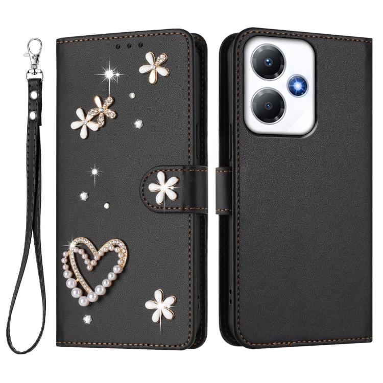 For Infinix Hot 30 Play NFC 4G / X6835 ZS01 Double-Layer Heart Floral Vegan Leather Phone Case with Wrist Strap