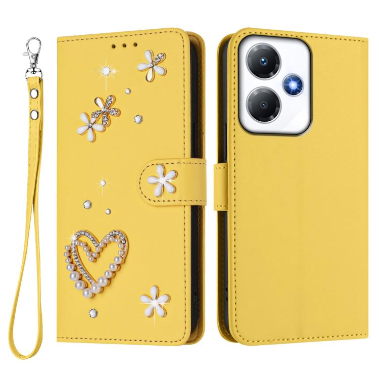 For Infinix Hot 30 Play NFC 4G / X6835 ZS01 Double-Layer Heart Floral Vegan Leather Phone Case with Wrist Strap