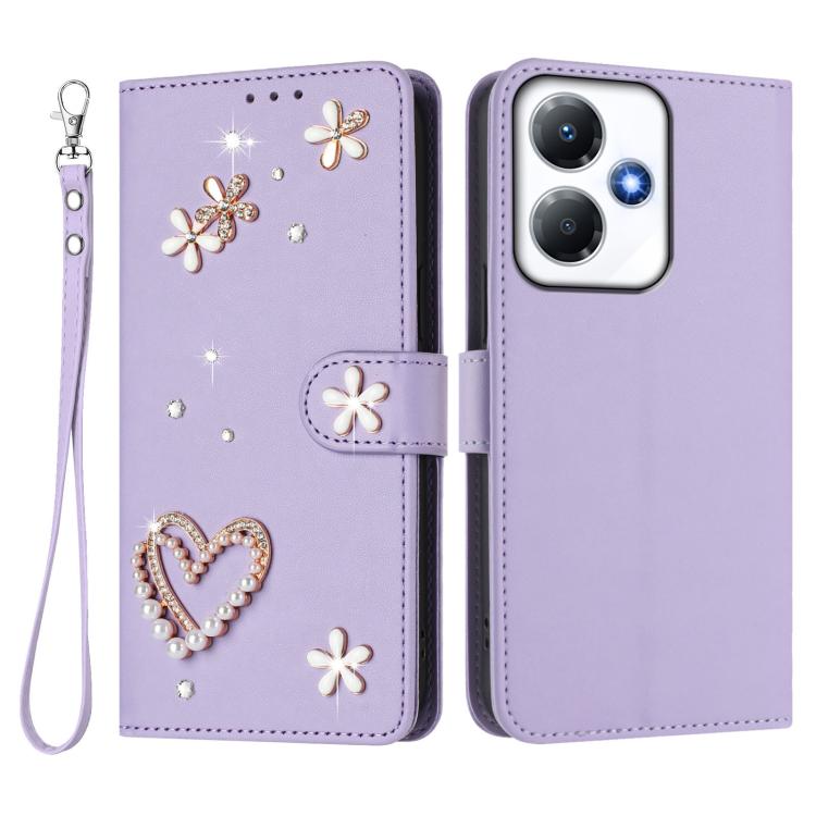 For Infinix Hot 30 Play NFC 4G / X6835 ZS01 Double-Layer Heart Floral Vegan Leather Phone Case with Wrist Strap