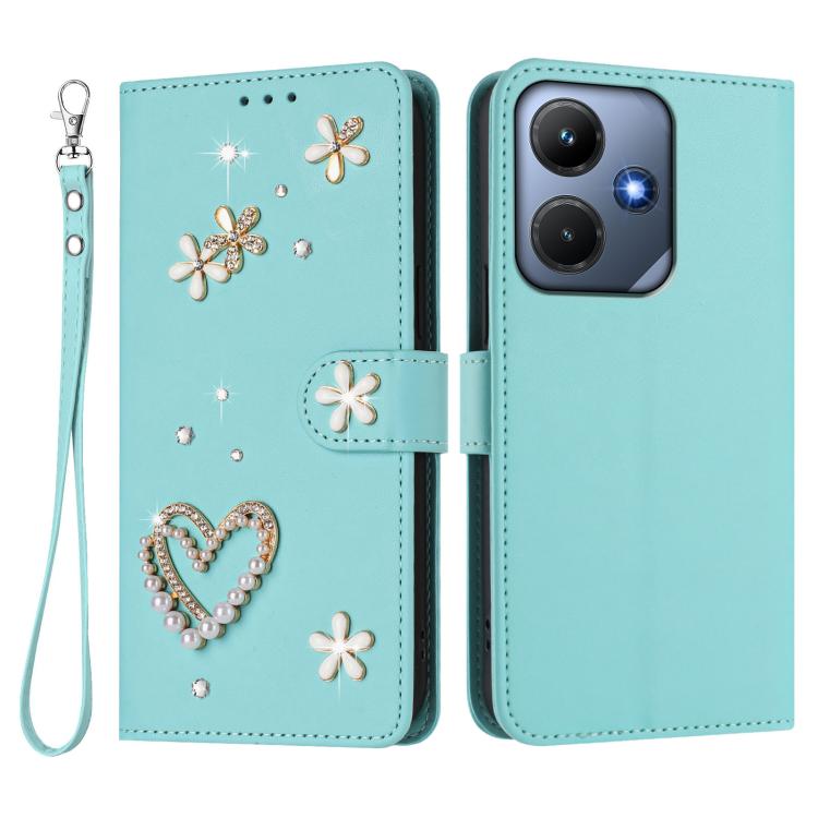 For Infinix Hot 30i / X669 ZS01 Double-Layer Heart Floral Vegan Leather Phone Case with Wrist Strap