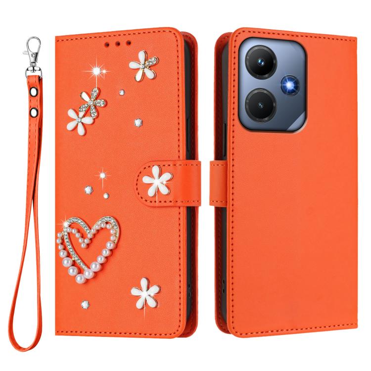 For Infinix Hot 30i / X669 ZS01 Double-Layer Heart Floral Vegan Leather Phone Case with Wrist Strap