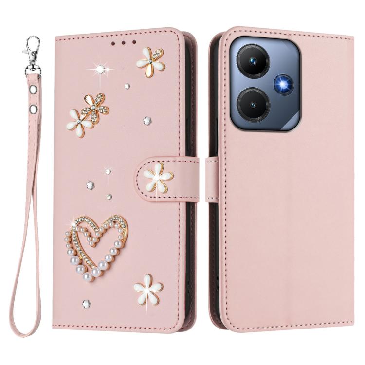 For Infinix Hot 30i / X669 ZS01 Double-Layer Heart Floral Vegan Leather Phone Case with Wrist Strap
