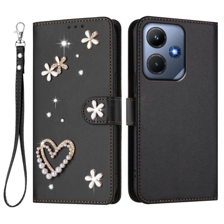 For Infinix Hot 30i / X669 ZS01 Double-Layer Heart Floral Vegan Leather Phone Case with Wrist Strap